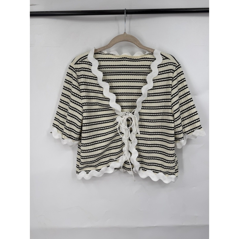 Beach Crochet Tie Front Cropped Coastal Swim Cover Top Women M Striped Resort - Picture 1 of 8